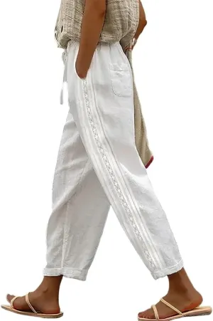 LOAIHA Women's Cotton Linen Pants Summer Casual Elastic High Waist Solid Straight Wide Leg Loose Fit Pants with Pockets