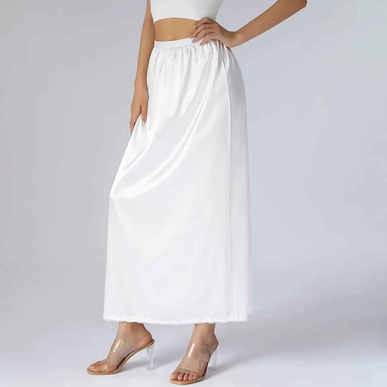 MAINESAKA Women's Half Slips Elastic Waist Satin Underskirt Lace Trim Slip Skirt for Under Dresses Anti Static Half Slip