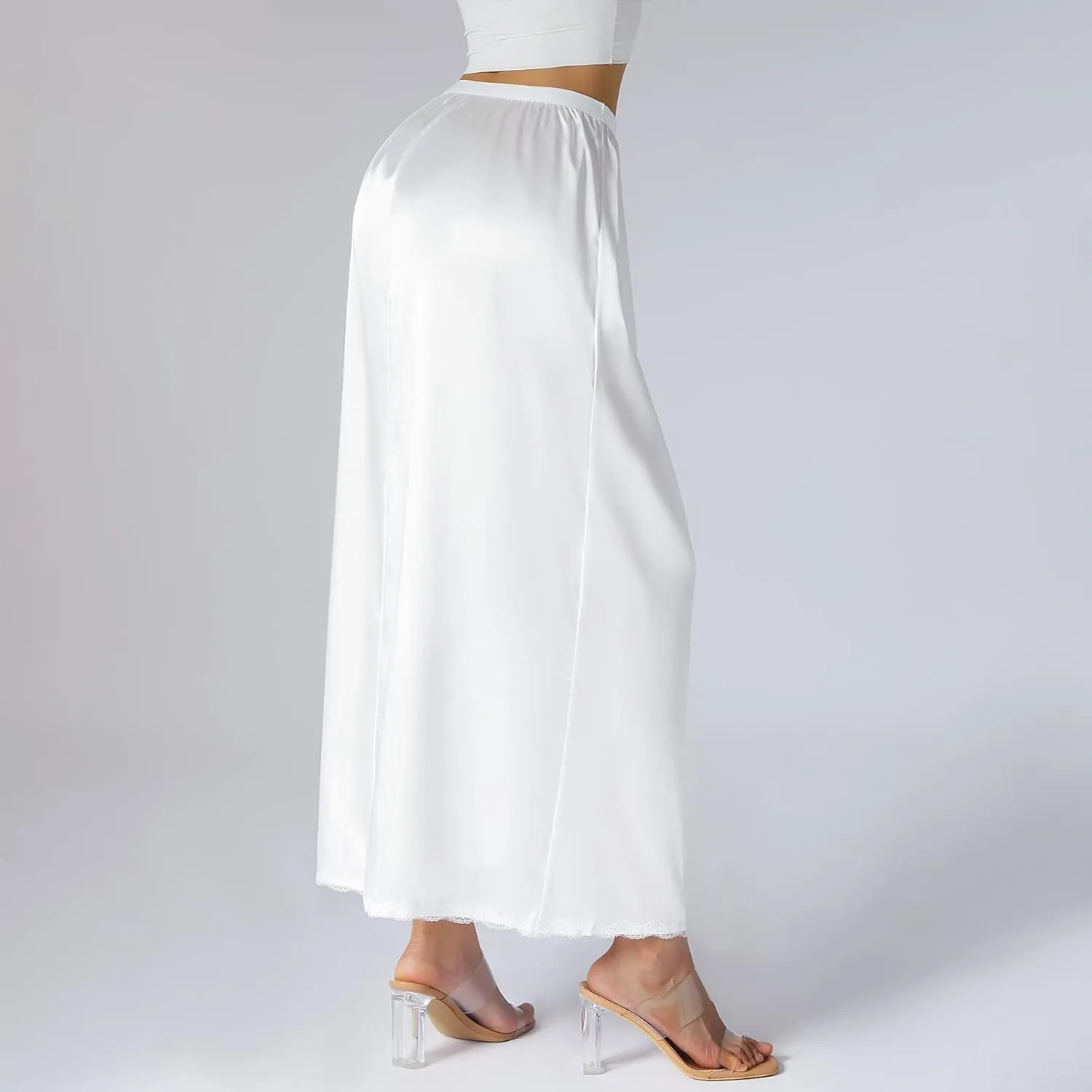 MAINESAKA Women's Half Slips Elastic Waist Satin Underskirt Lace Trim Slip Skirt for Under Dresses Anti Static Half Slip