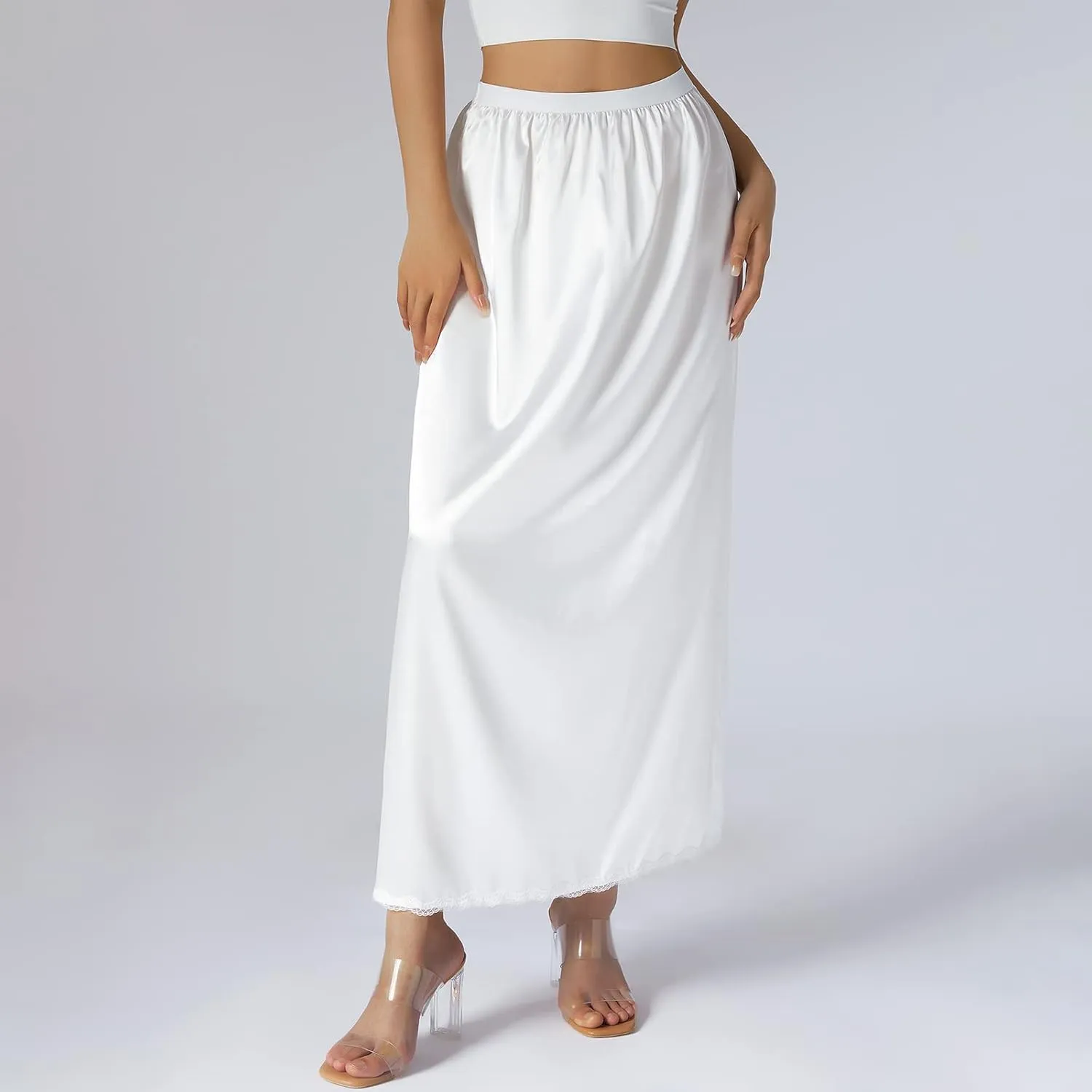 MAINESAKA Women's Half Slips Elastic Waist Satin Underskirt Lace Trim Slip Skirt for Under Dresses Anti Static Half Slip