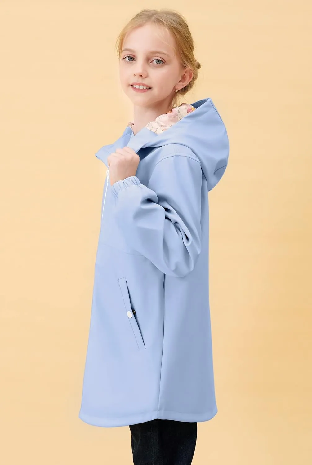 maoo garden Girls Rain Jackets Kids Waterproof Raincoat Lightweight Floral Lining Spring Windbreaker