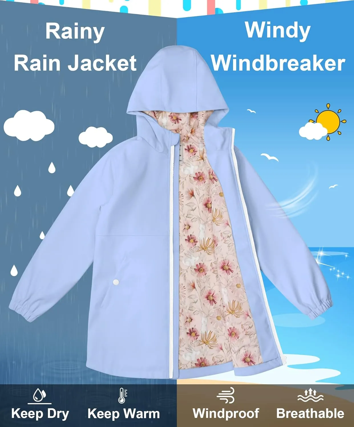 maoo garden Girls Rain Jackets Kids Waterproof Raincoat Lightweight Floral Lining Spring Windbreaker