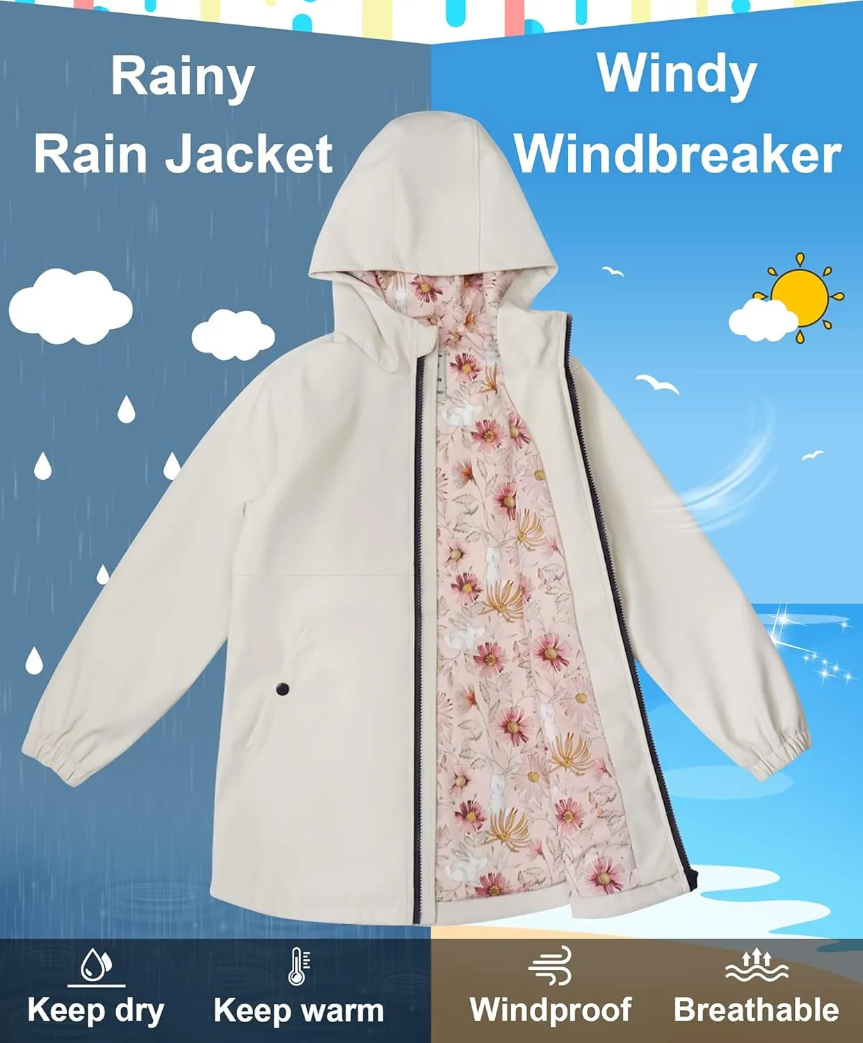 maoo garden Girls Rain Jackets Kids Waterproof Raincoat Lightweight Floral Lining Spring Windbreaker