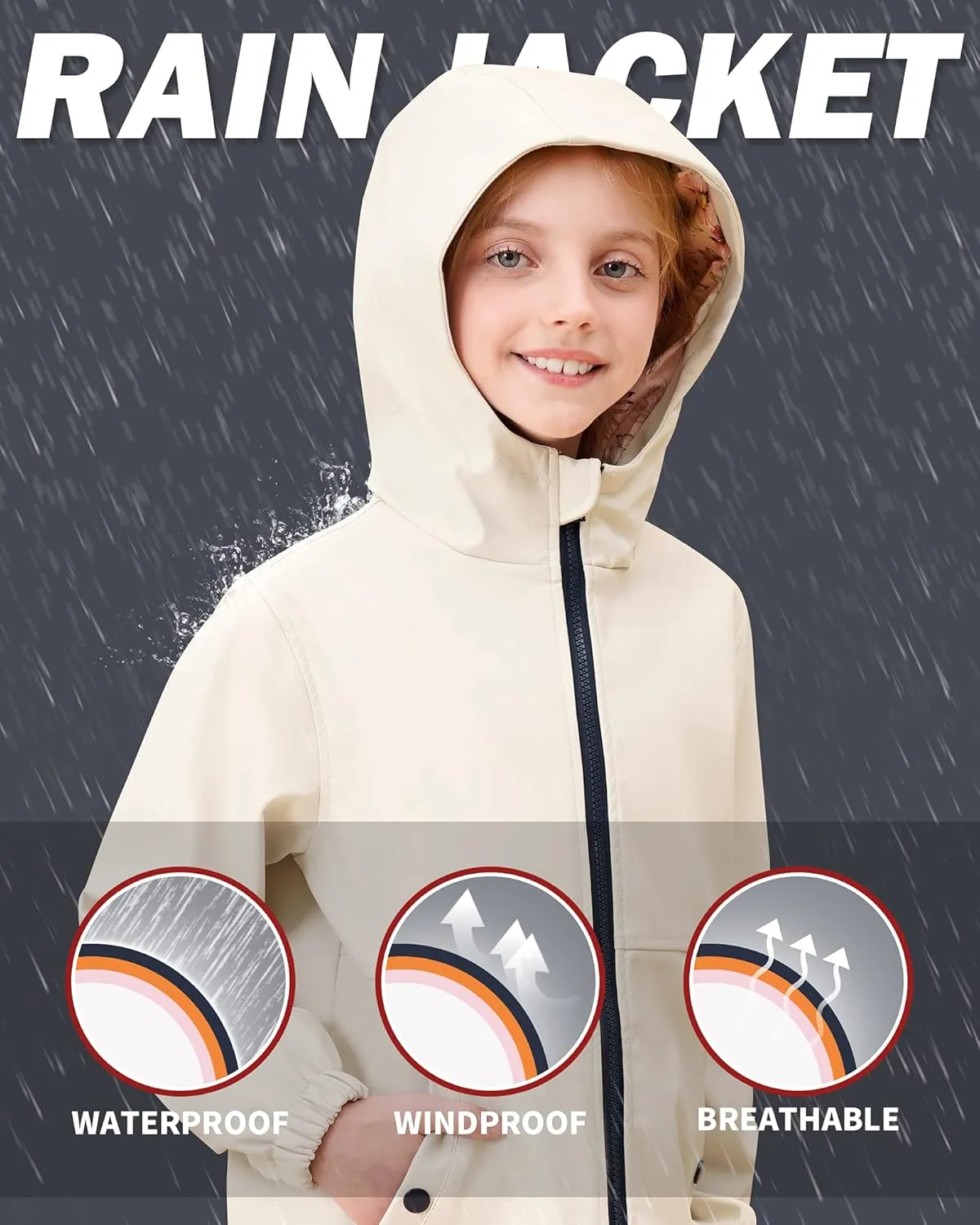 maoo garden Girls Rain Jackets Kids Waterproof Raincoat Lightweight Floral Lining Spring Windbreaker