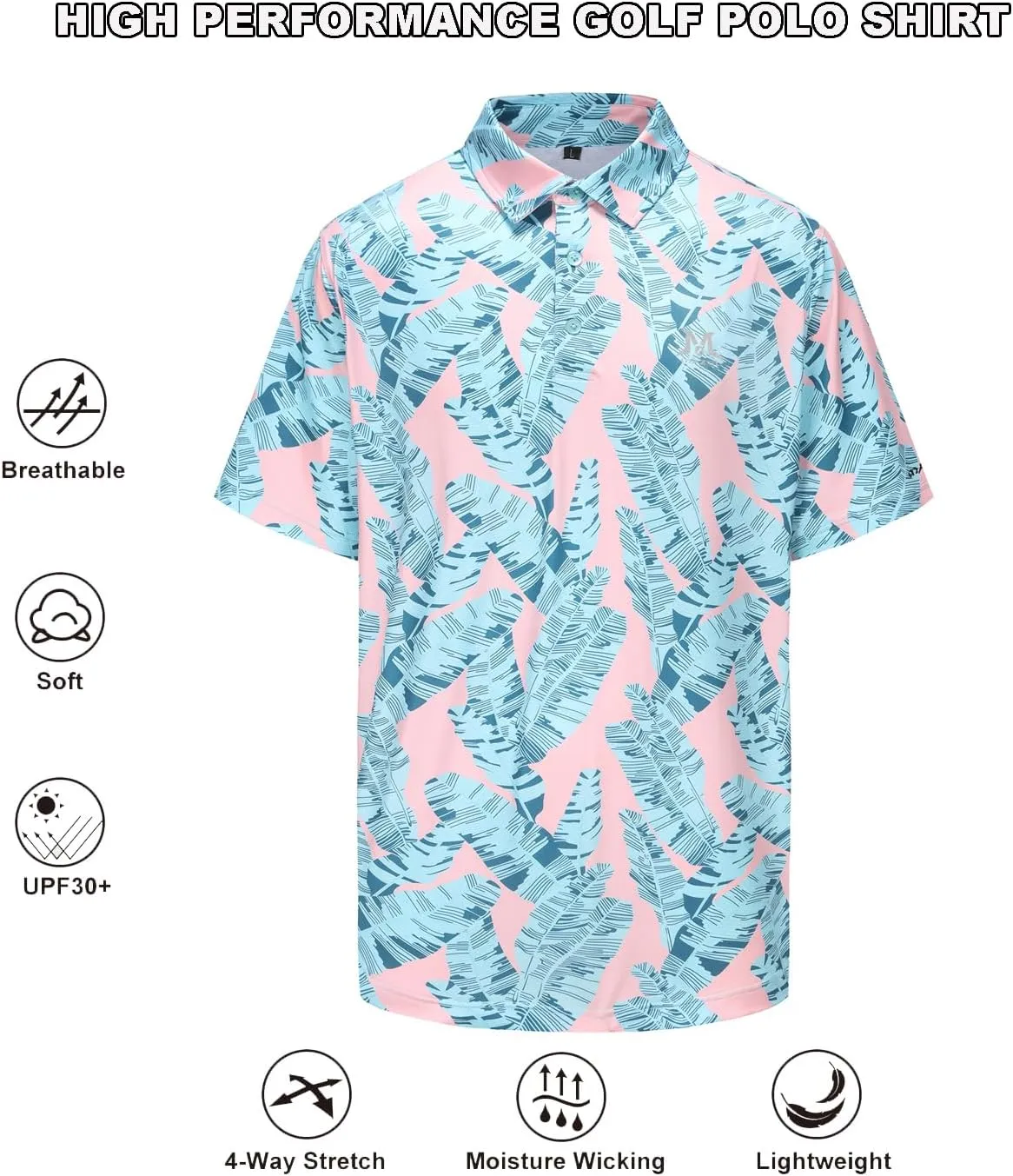 MAZEL Moisture Wicking Golf Polo Shirts for Men Dry Fit Performance Print Short Sleeve Golf Shirts