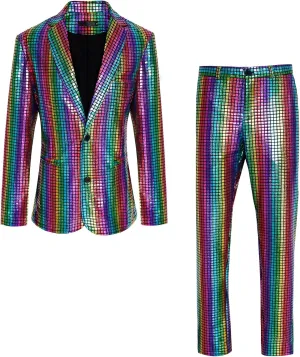 Men's 70s Disco Outfit Sequin Suit Set Metallic Shiny Jacket Slim Fit Pants Party Costume