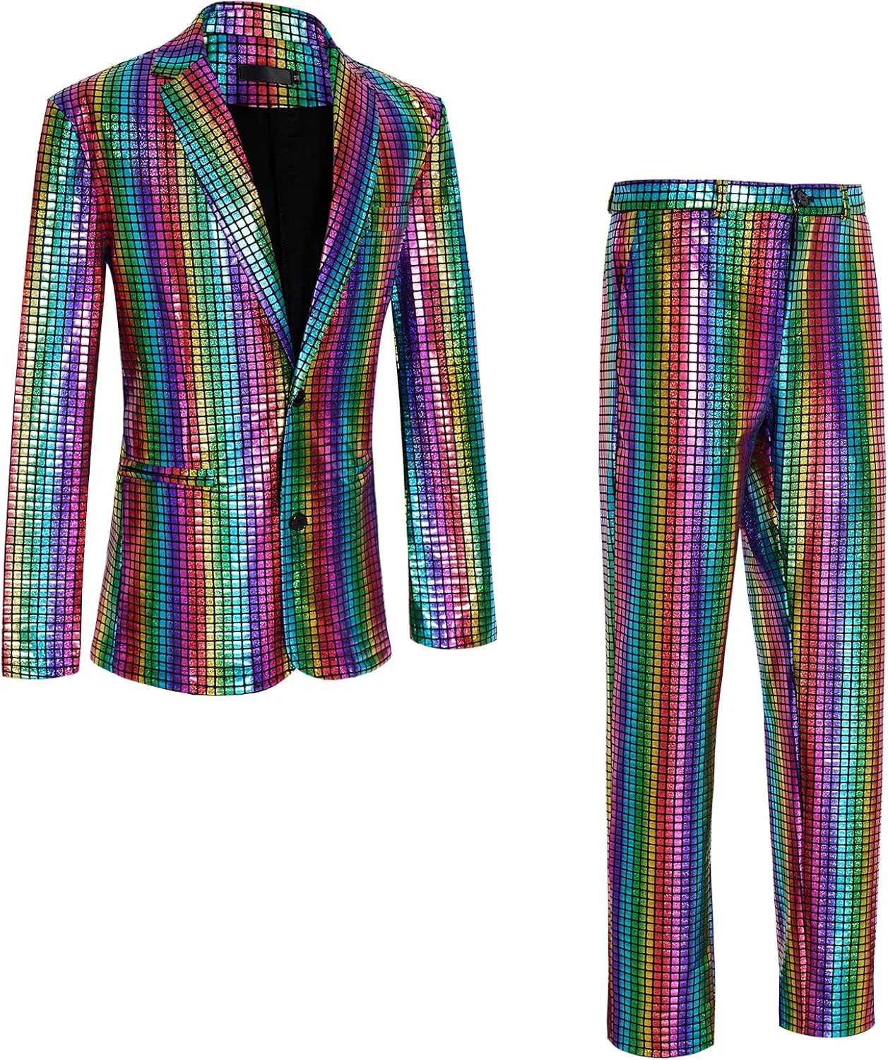 Men's 70s Disco Outfit Sequin Suit Set Metallic Shiny Jacket Slim Fit Pants Party Costume