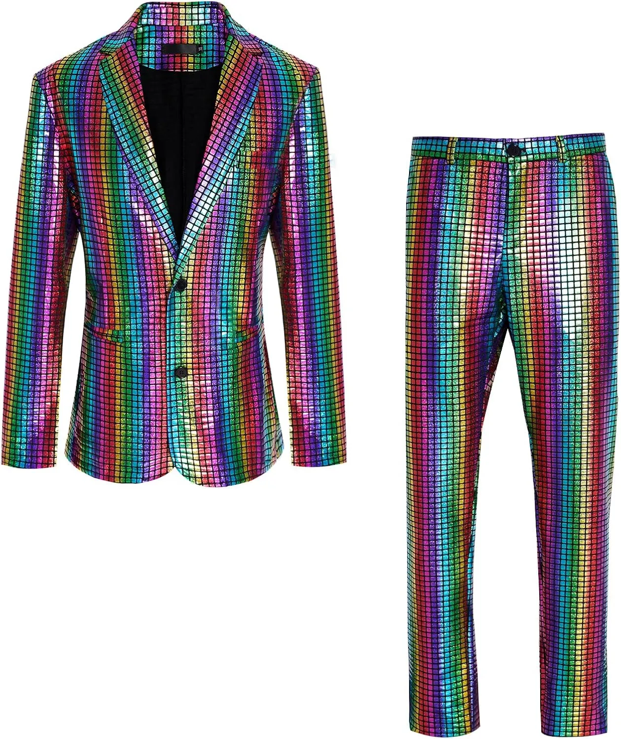 Men's 70s Disco Outfit Sequin Suit Set Metallic Shiny Jacket Slim Fit Pants Party Costume