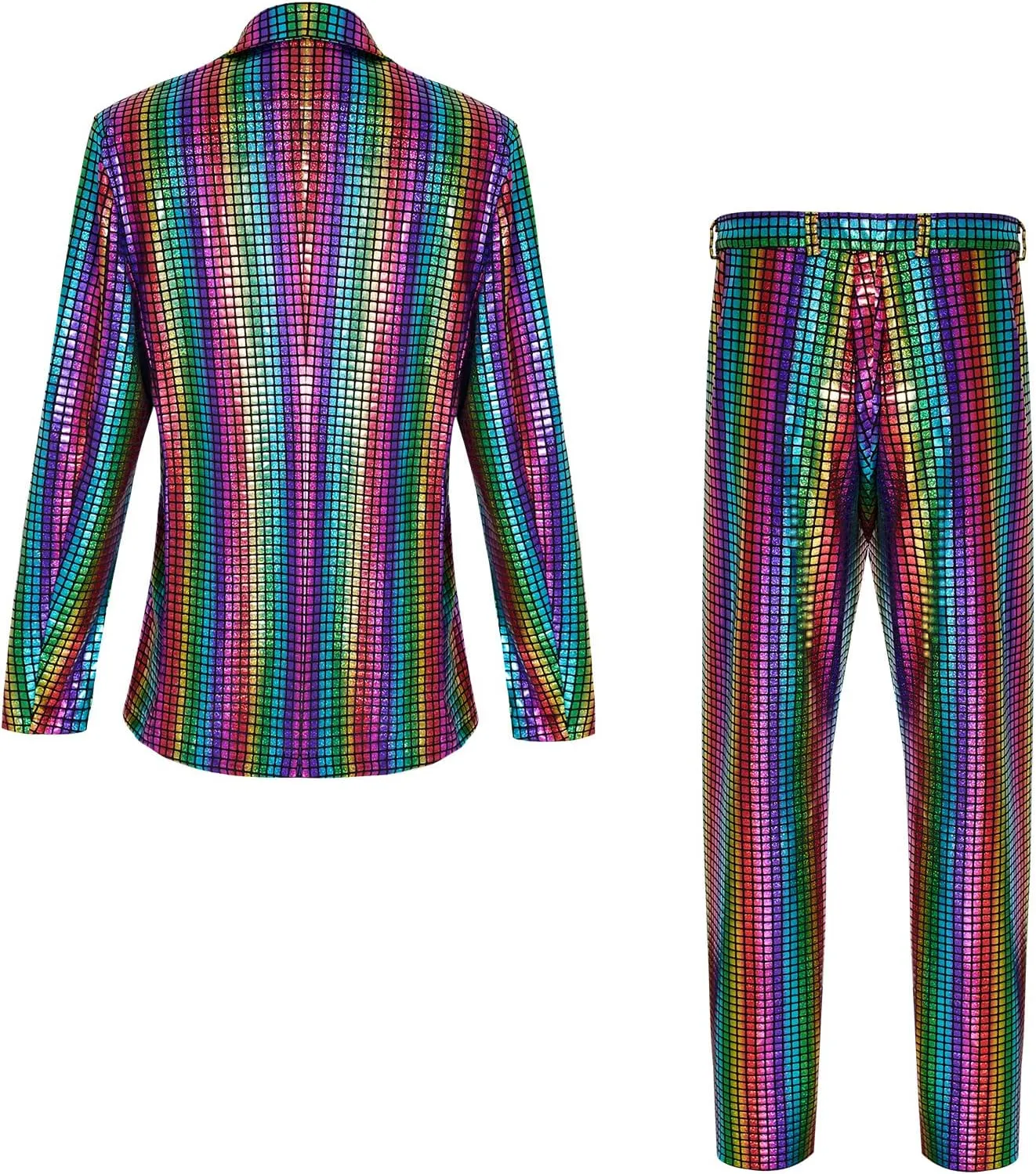 Men's 70s Disco Outfit Sequin Suit Set Metallic Shiny Jacket Slim Fit Pants Party Costume