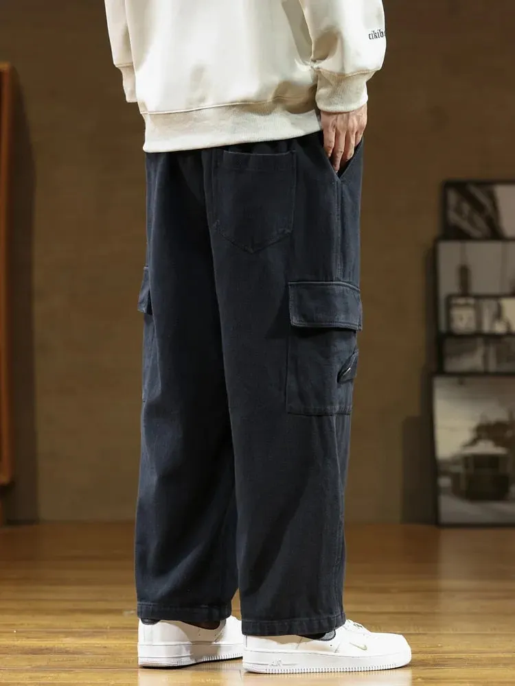 Men's Comfortable Cotton Black Cargo Wide Pants | Ideal for Summer