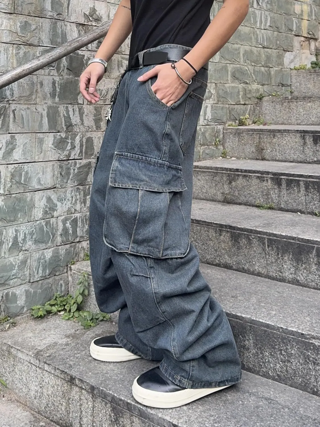 Mens Denim Baggy Pants with Cargo Pockets Mid Weight Casual Streetwear Wide Leg Jeans Hip Hop Skater Trousers