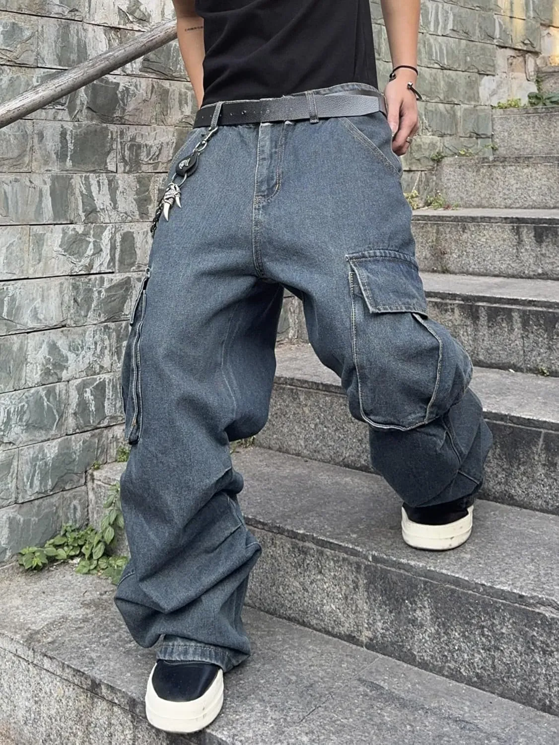 Mens Denim Baggy Pants with Cargo Pockets Mid Weight Casual Streetwear Wide Leg Jeans Hip Hop Skater Trousers