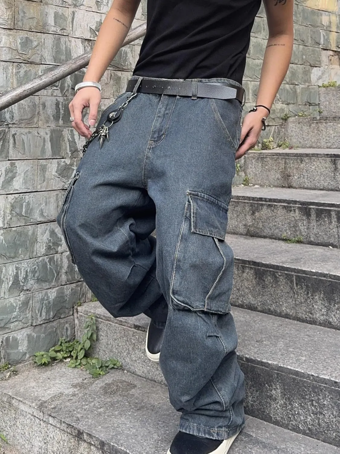 Mens Denim Baggy Pants with Cargo Pockets Mid Weight Casual Streetwear Wide Leg Jeans Hip Hop Skater Trousers