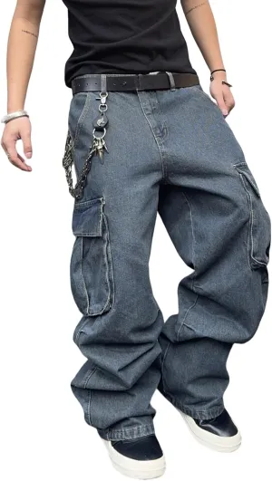 Mens Denim Baggy Pants with Cargo Pockets Mid Weight Casual Streetwear Wide Leg Jeans Hip Hop Skater Trousers