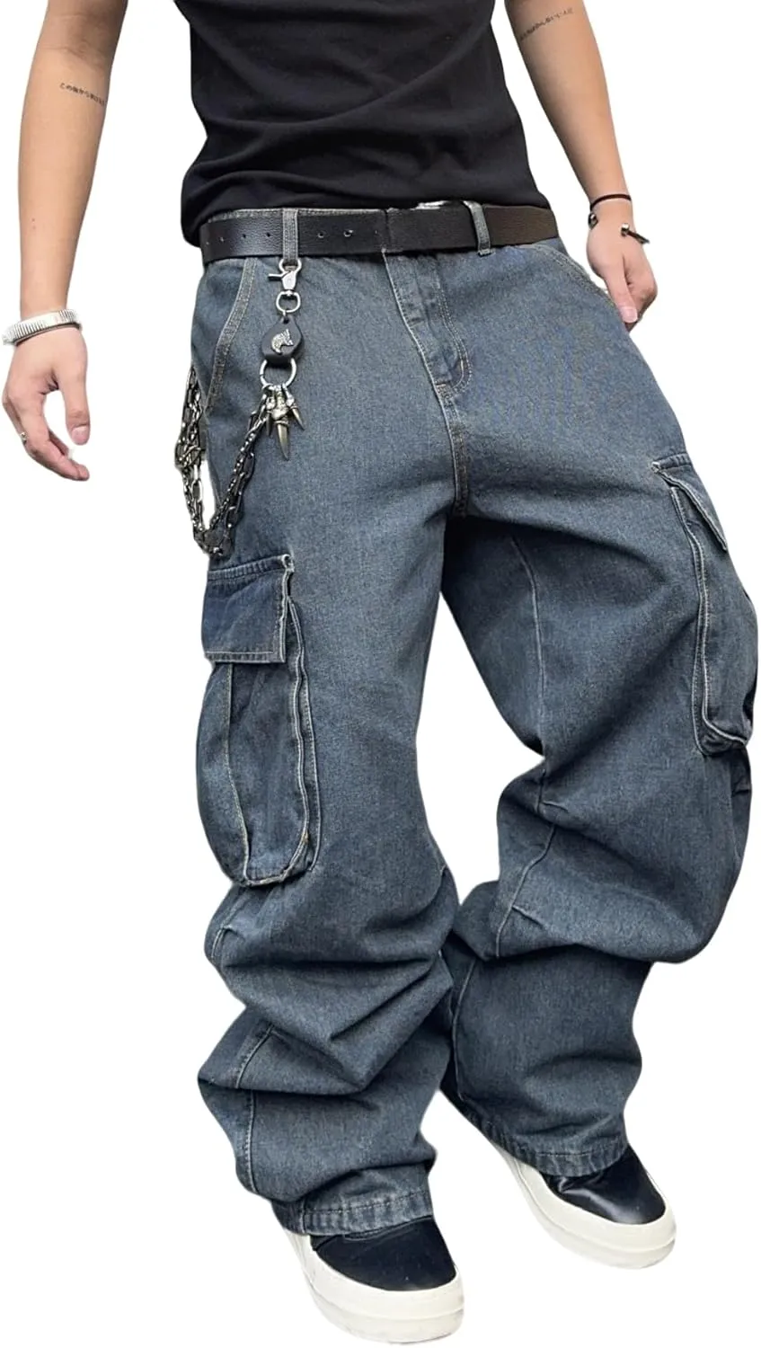 Mens Denim Baggy Pants with Cargo Pockets Mid Weight Casual Streetwear Wide Leg Jeans Hip Hop Skater Trousers