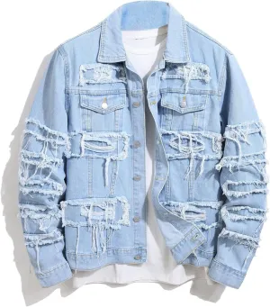 Men's Denim Jacket Ripped Slim Jean Jacket Streetwear Coat