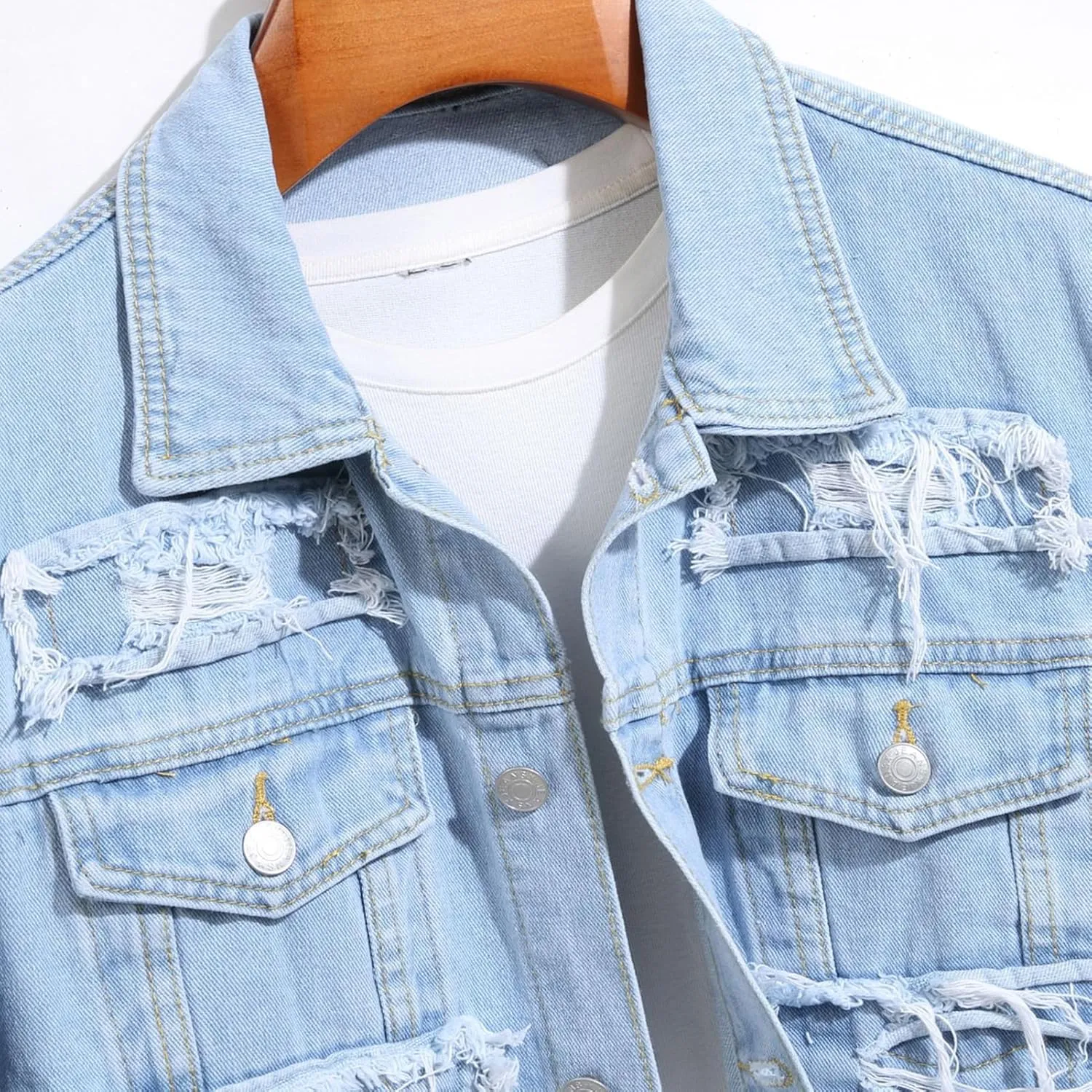 Men's Denim Jacket Ripped Slim Jean Jacket Streetwear Coat