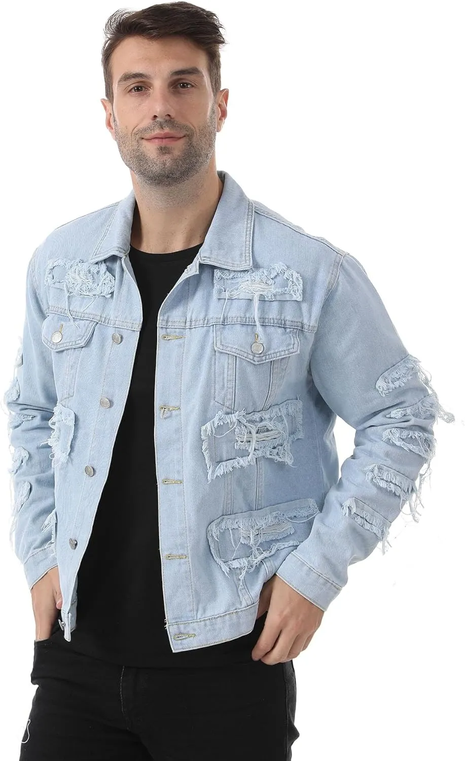Men's Denim Jacket Ripped Slim Jean Jacket Streetwear Coat