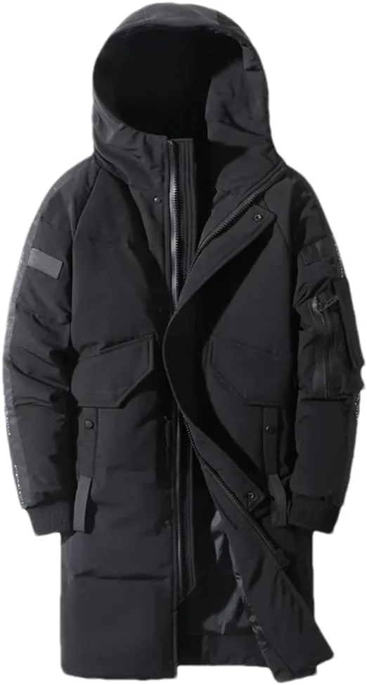 Men's Down Jacket Winter Casual Thick Warm Pockets Hooded Long Down Coat Parka