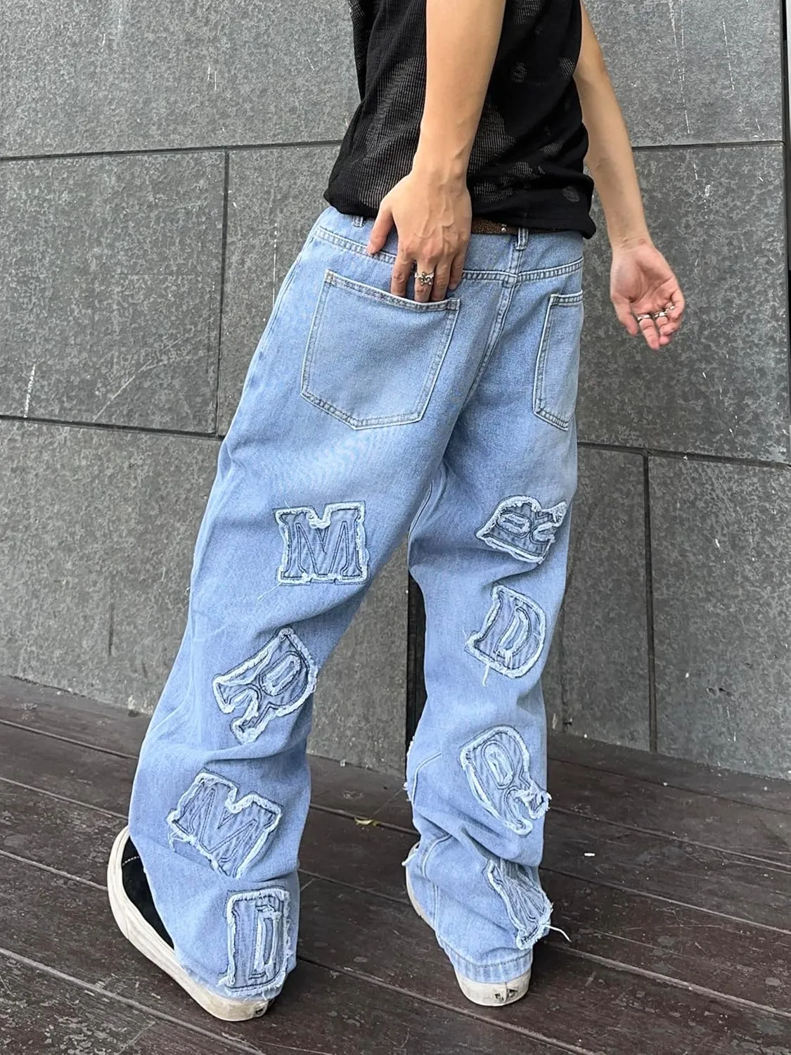 Mens Womens Baggy Jeans Patched Letter Badge Wide Leg Denim Pants Y2k Hip Hop Casual Loose Trousers