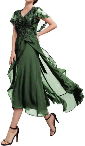Mother of The Bride Dresses for Women Lace Applique Chiffon Ruffle Sleeve V Neck Formal Evening Dress for Wedding