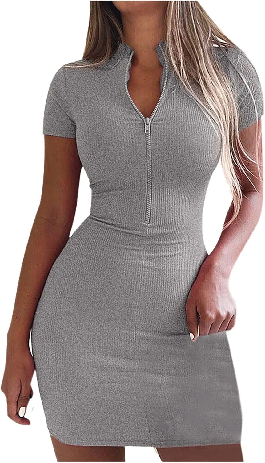 NaRHbrg Women's Zip Up Bodycon Dress Short Sleeve Ribbed Slim Fit Mini Dresses Sexy Casual Club Party Outfit