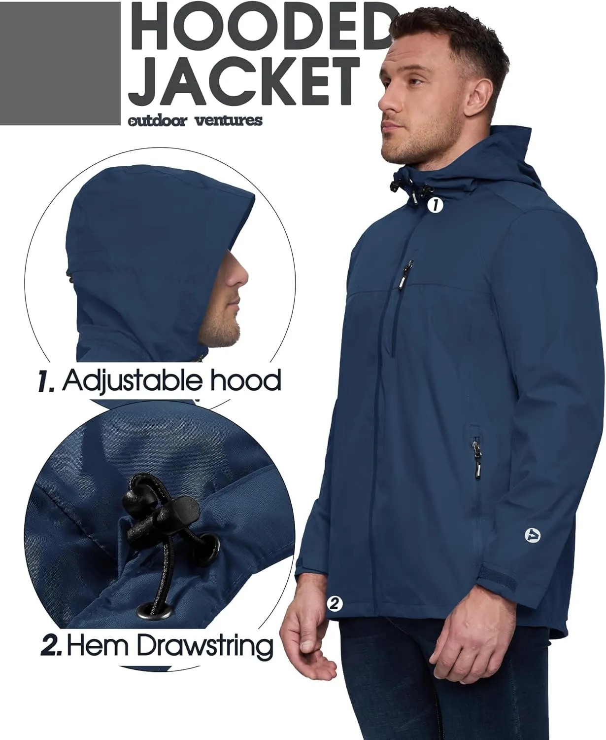 Outdoor Ventures Men's Packable Rain Jacket Waterproof Lightweight Raincoat with Hood Windproof Cycling Jackets