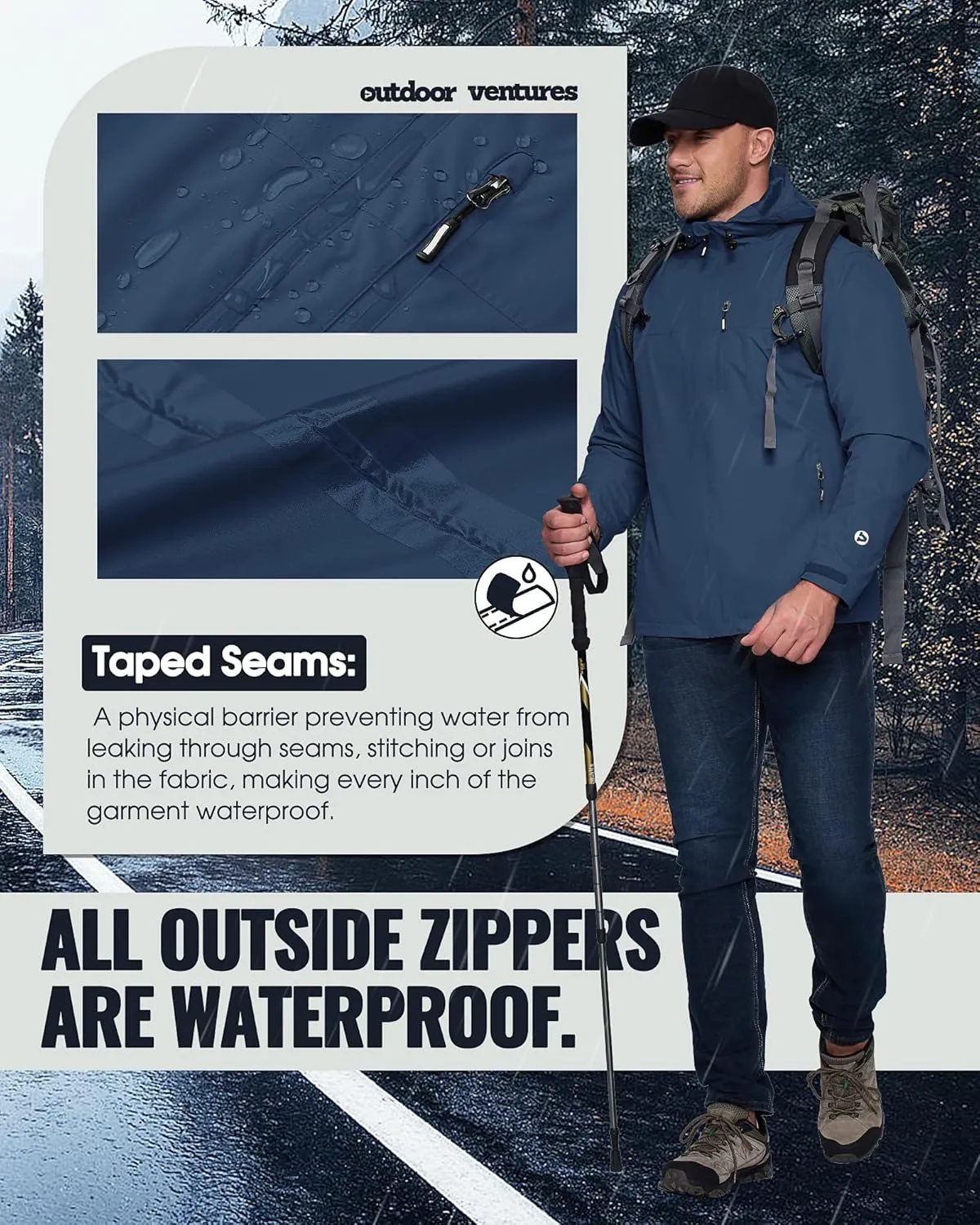 Outdoor Ventures Men's Packable Rain Jacket Waterproof Lightweight Raincoat with Hood Windproof Cycling Jackets