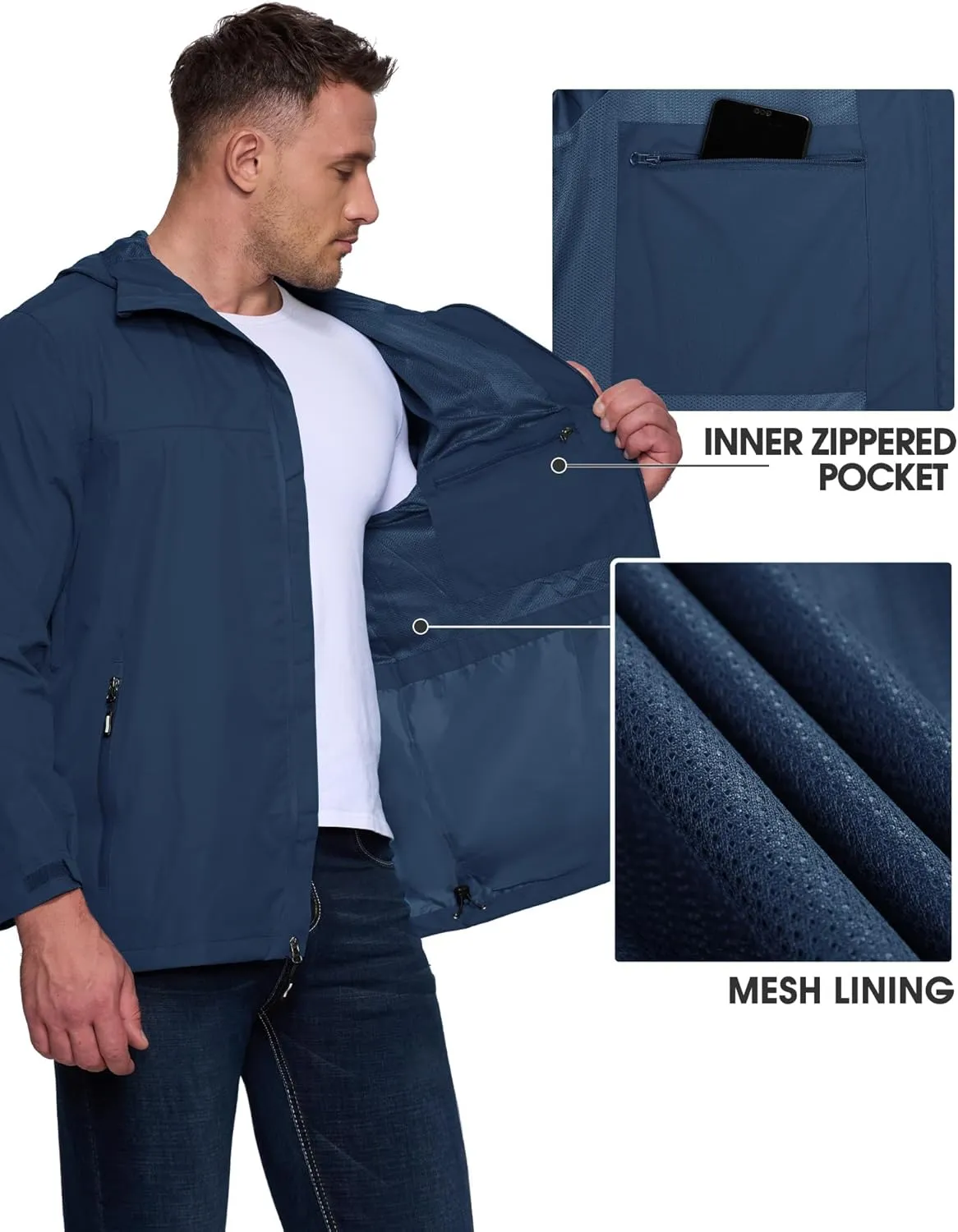 Outdoor Ventures Men's Packable Rain Jacket Waterproof Lightweight Raincoat with Hood Windproof Cycling Jackets