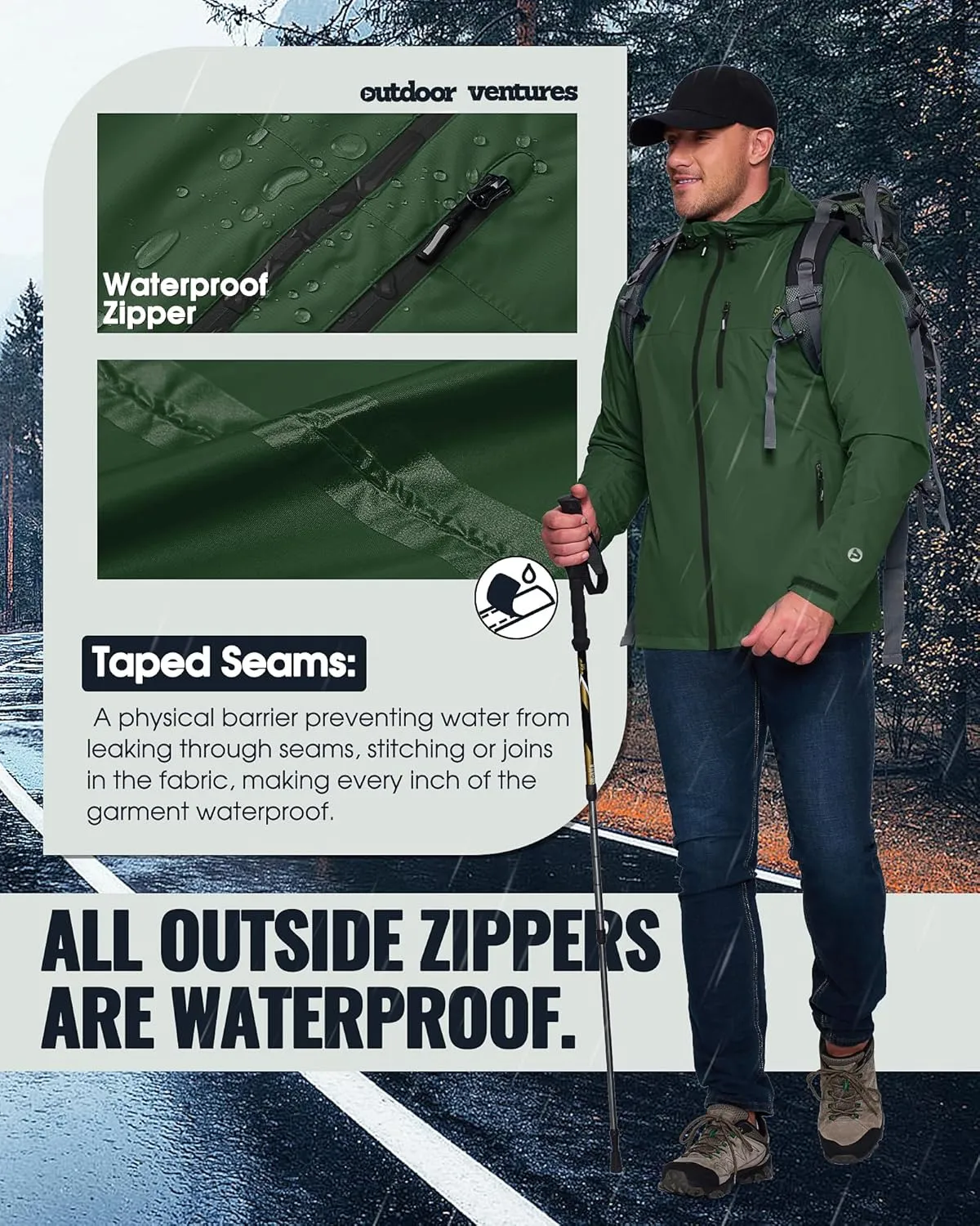 Outdoor Ventures Men's Packable Rain Jacket Waterproof Lightweight Raincoat with Hood Windproof Cycling Jackets