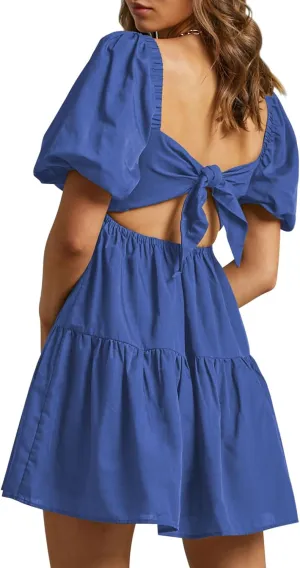 OWNGIGI Women's Summer Dress Square Neck Puffy Short Sleeve Loose Tie Back Casual A-Line Mini Dresses