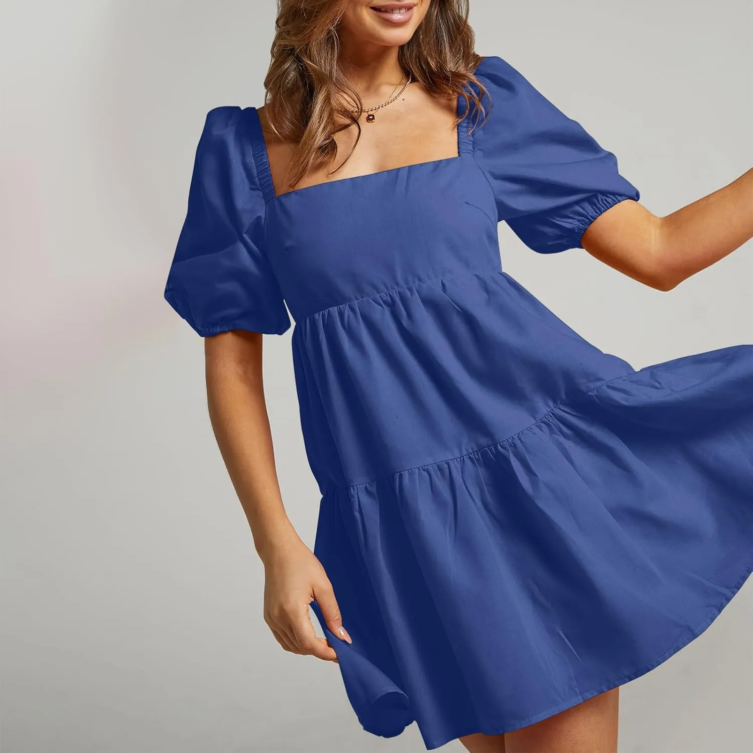 OWNGIGI Women's Summer Dress Square Neck Puffy Short Sleeve Loose Tie Back Casual A-Line Mini Dresses