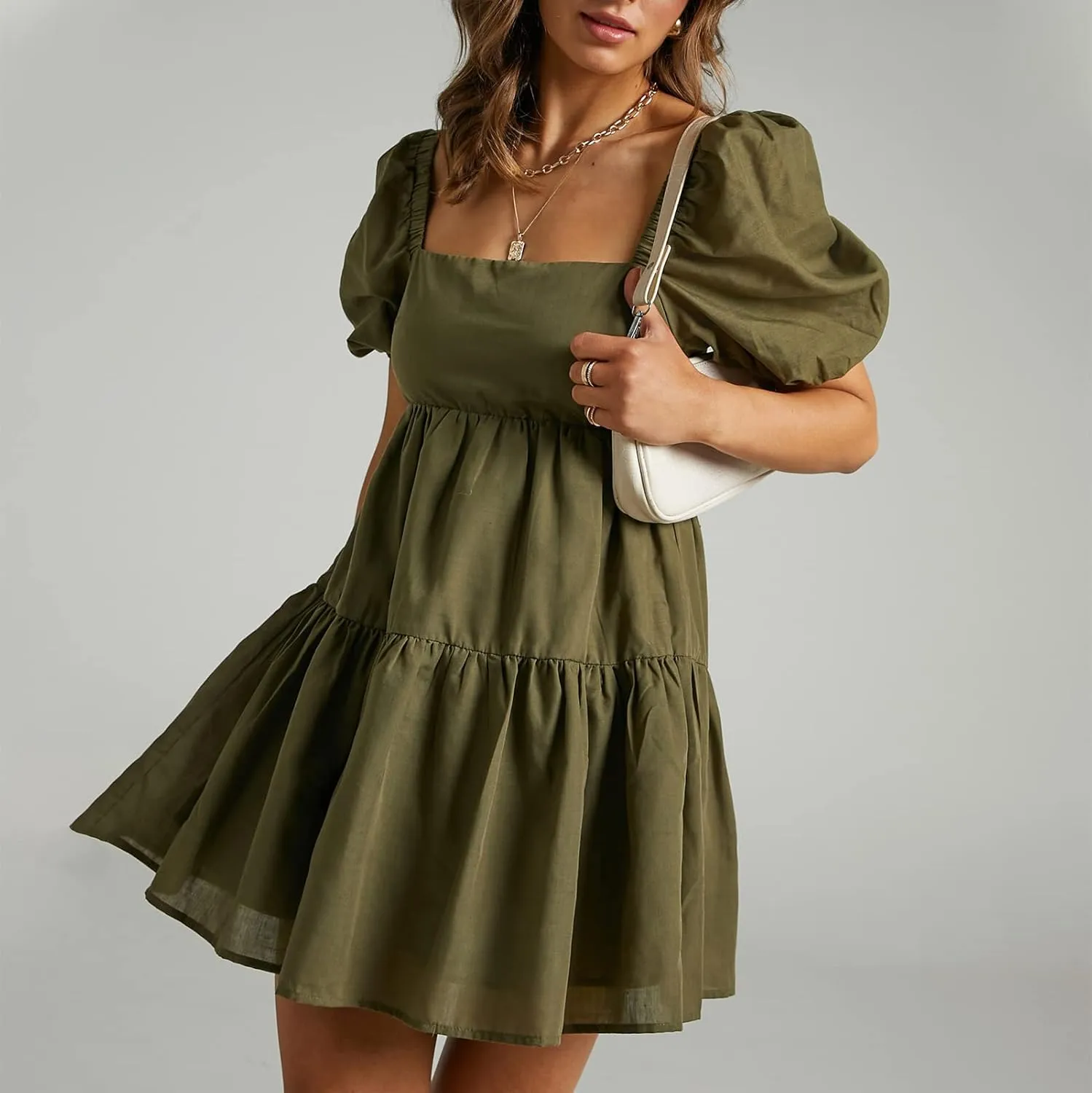 OWNGIGI Women's Summer Dress Square Neck Puffy Short Sleeve Loose Tie Back Casual A-Line Mini Dresses