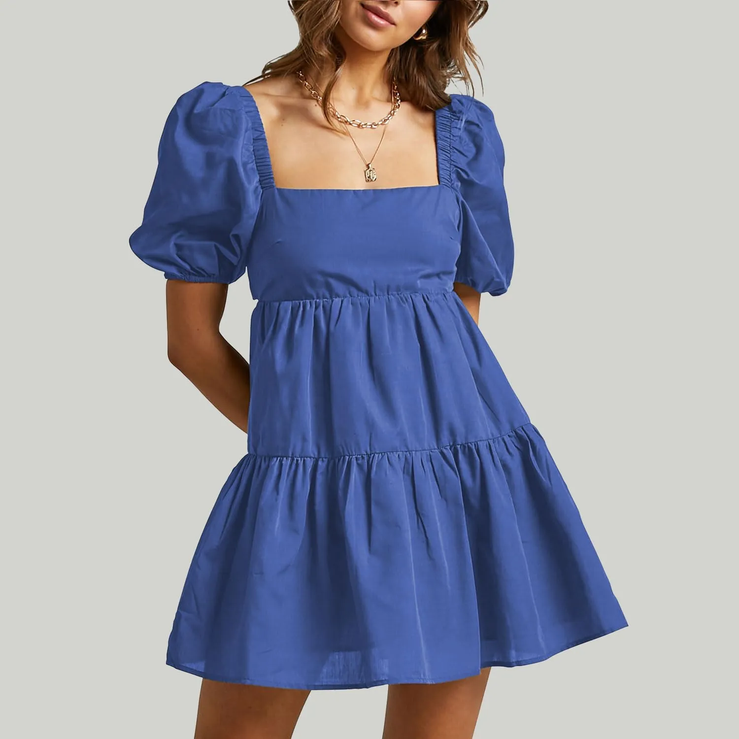 OWNGIGI Women's Summer Dress Square Neck Puffy Short Sleeve Loose Tie Back Casual A-Line Mini Dresses