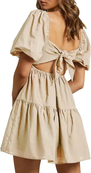 OWNGIGI Women's Summer Dress Square Neck Puffy Short Sleeve Loose Tie Back Casual A-Line Mini Dresses