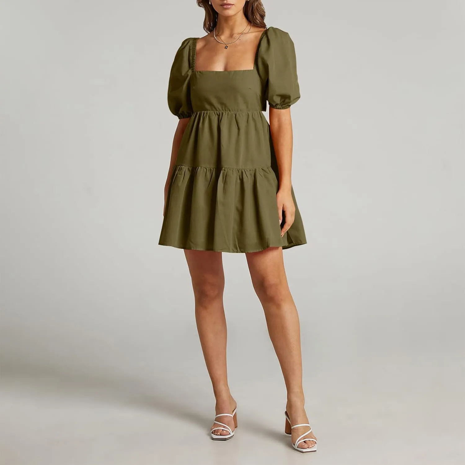 OWNGIGI Women's Summer Dress Square Neck Puffy Short Sleeve Loose Tie Back Casual A-Line Mini Dresses