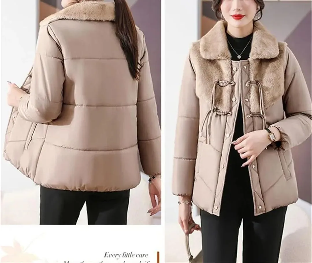 Plus fleece Padded Coat Mother Winter Clothes Short Down Cotton-Padded Jacket Middle-Aged Women's Stitching Overcoat