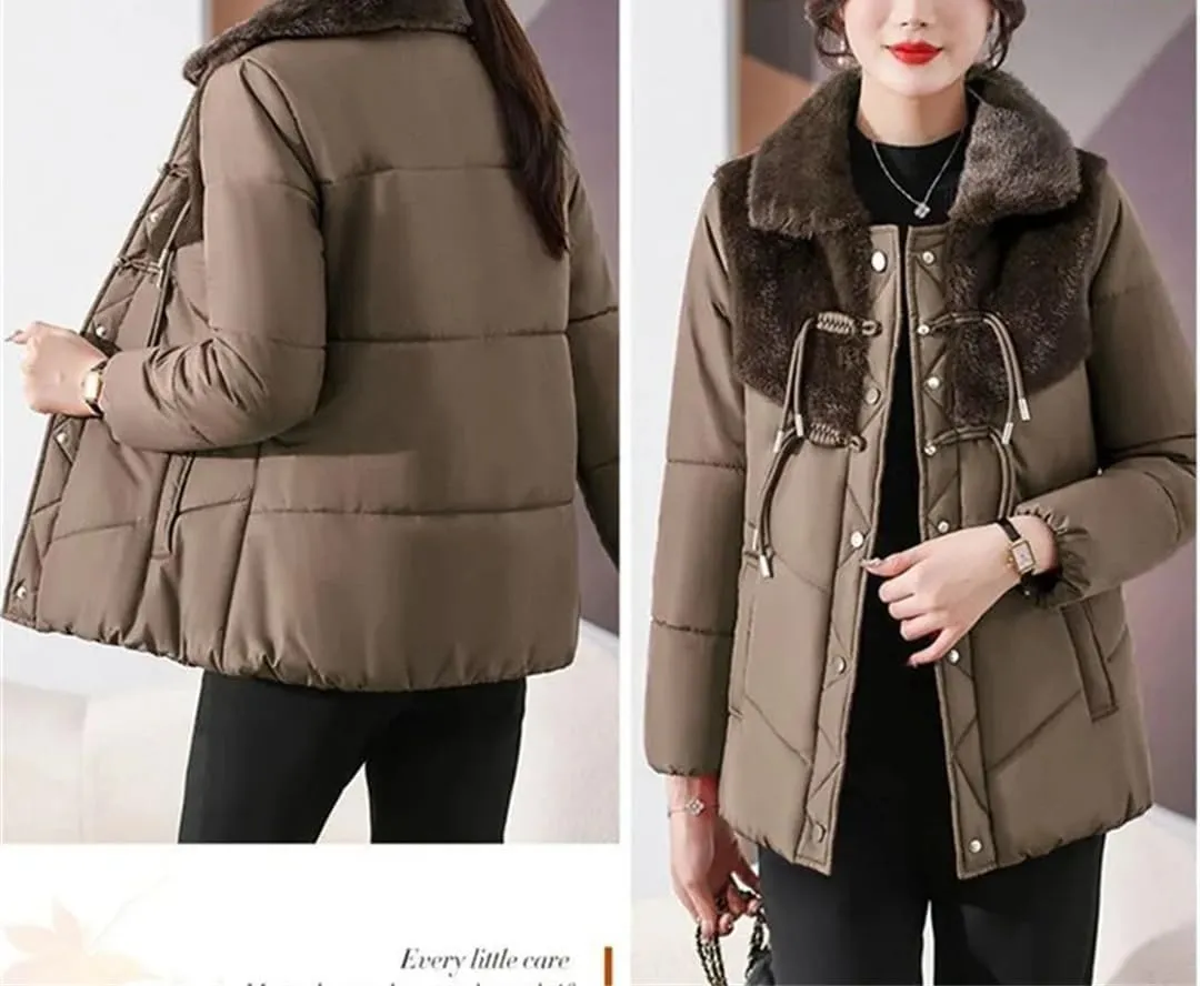 Plus fleece Padded Coat Mother Winter Clothes Short Down Cotton-Padded Jacket Middle-Aged Women's Stitching Overcoat