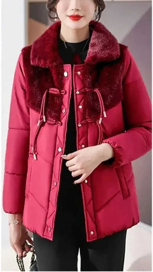 Plus fleece Padded Coat Mother Winter Clothes Short Down Cotton-Padded Jacket Middle-Aged Women's Stitching Overcoat