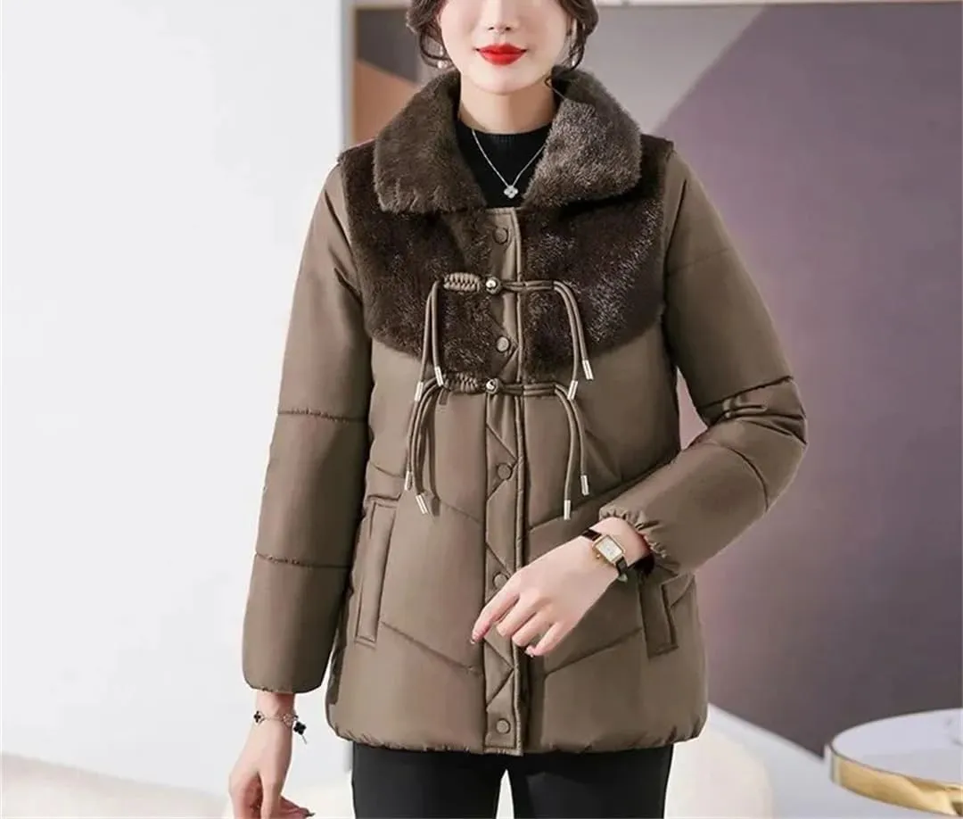Plus fleece Padded Coat Mother Winter Clothes Short Down Cotton-Padded Jacket Middle-Aged Women's Stitching Overcoat