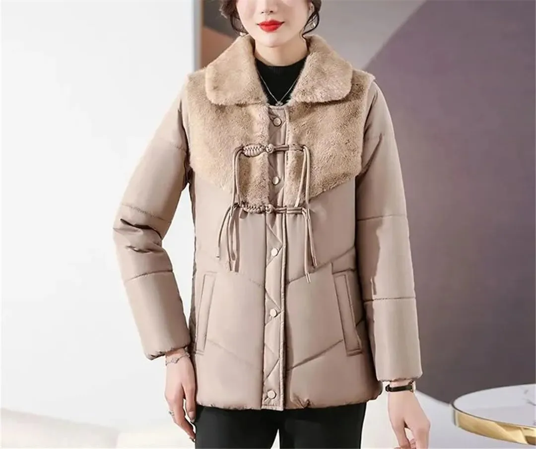 Plus fleece Padded Coat Mother Winter Clothes Short Down Cotton-Padded Jacket Middle-Aged Women's Stitching Overcoat