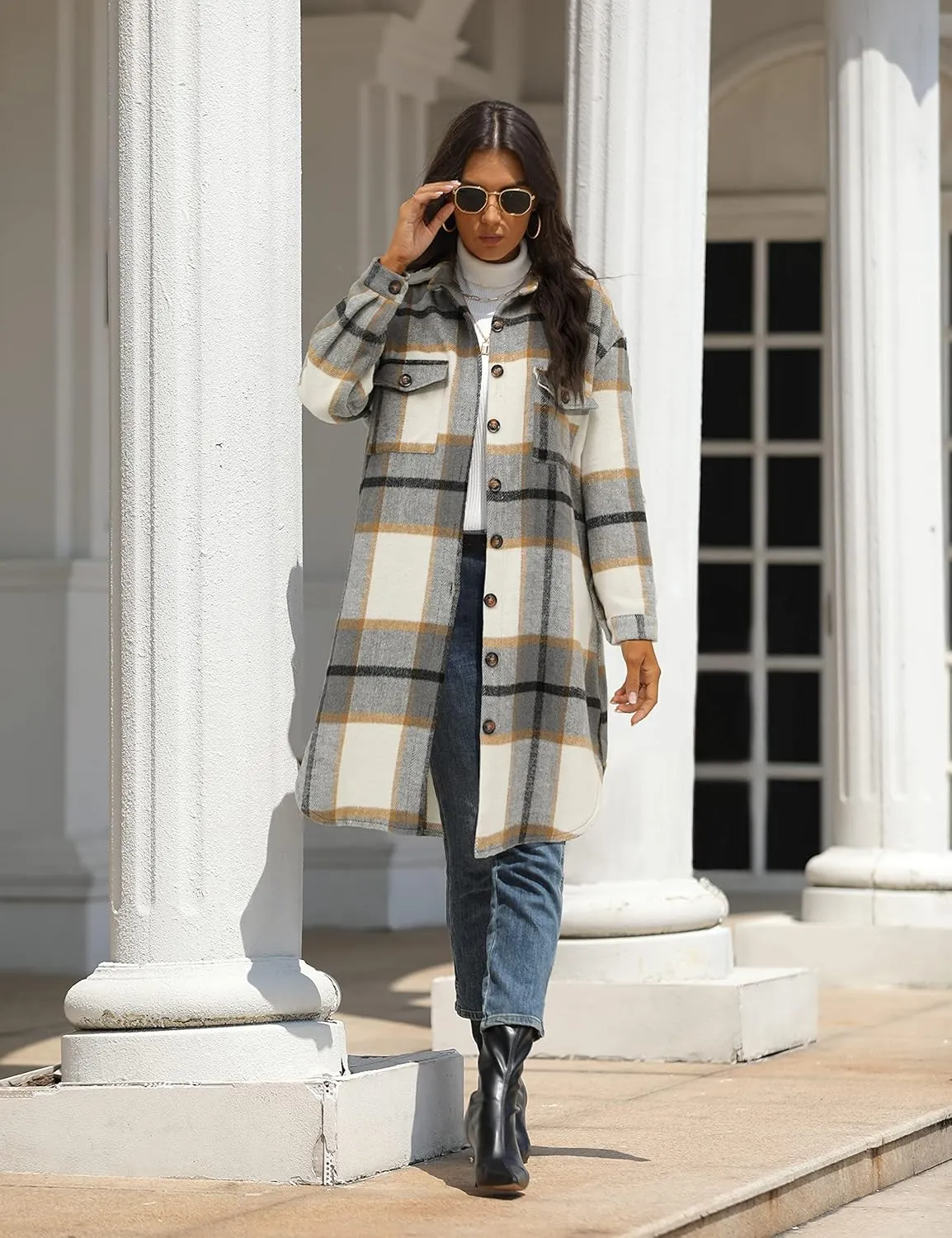 PUWEI Women's Casual Lapel Button Down Long Plaid Shirt Coat Tartan Shacket Jacket