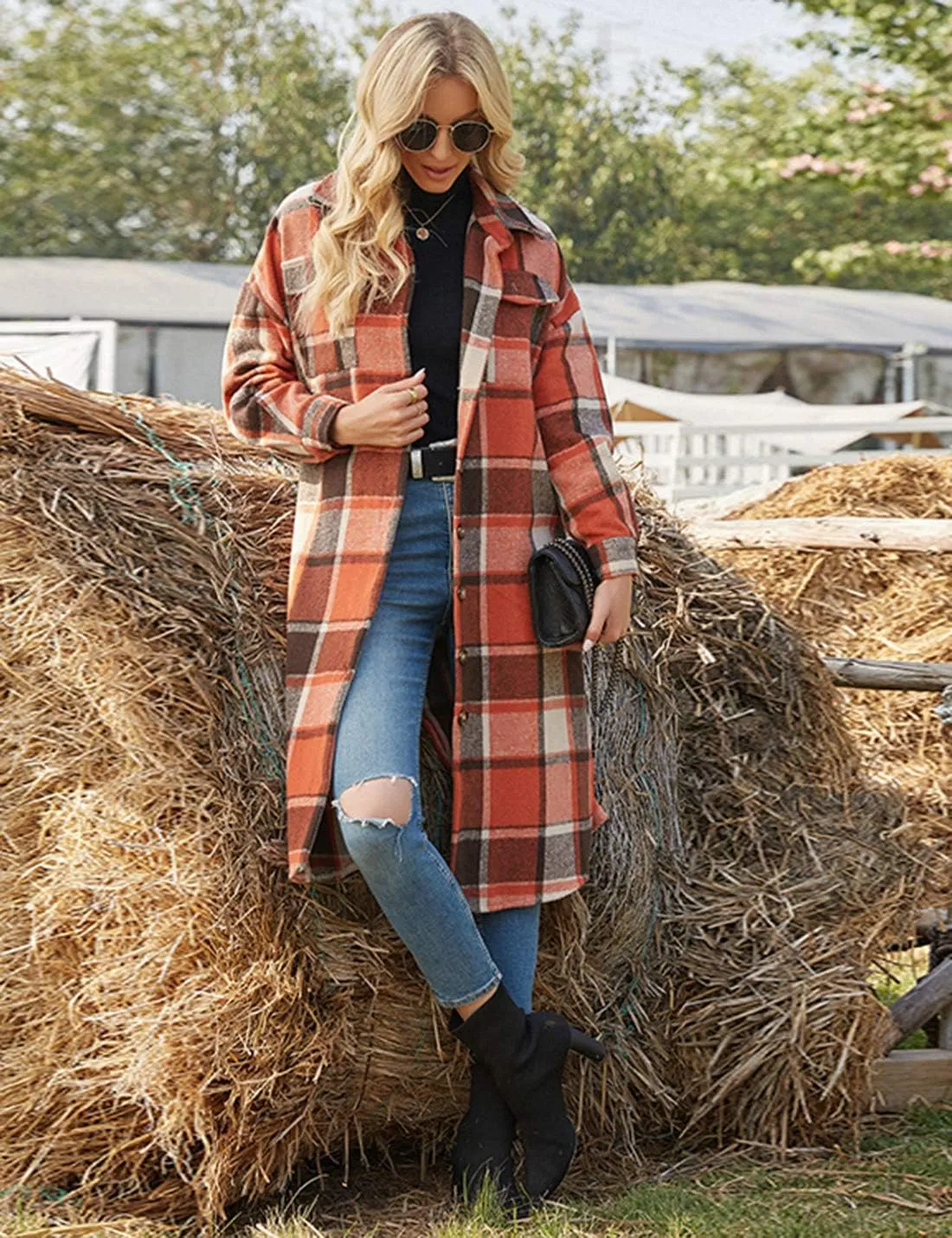 PUWEI Women's Casual Lapel Button Down Long Plaid Shirt Coat Tartan Shacket Jacket