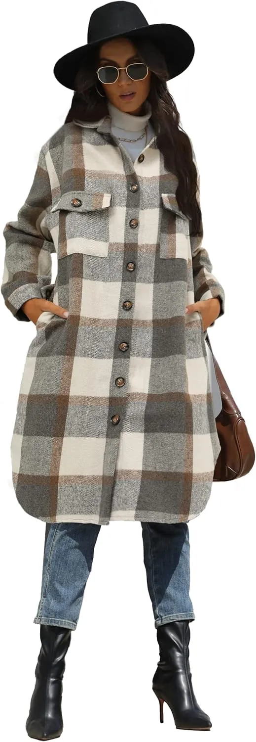 PUWEI Women's Casual Lapel Button Down Long Plaid Shirt Coat Tartan Shacket Jacket