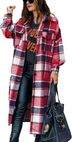PUWEI Women's Casual Lapel Button Down Long Plaid Shirt Coat Tartan Shacket Jacket