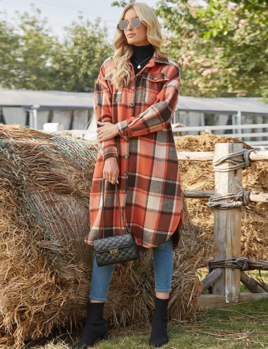 PUWEI Women's Casual Lapel Button Down Long Plaid Shirt Coat Tartan Shacket Jacket
