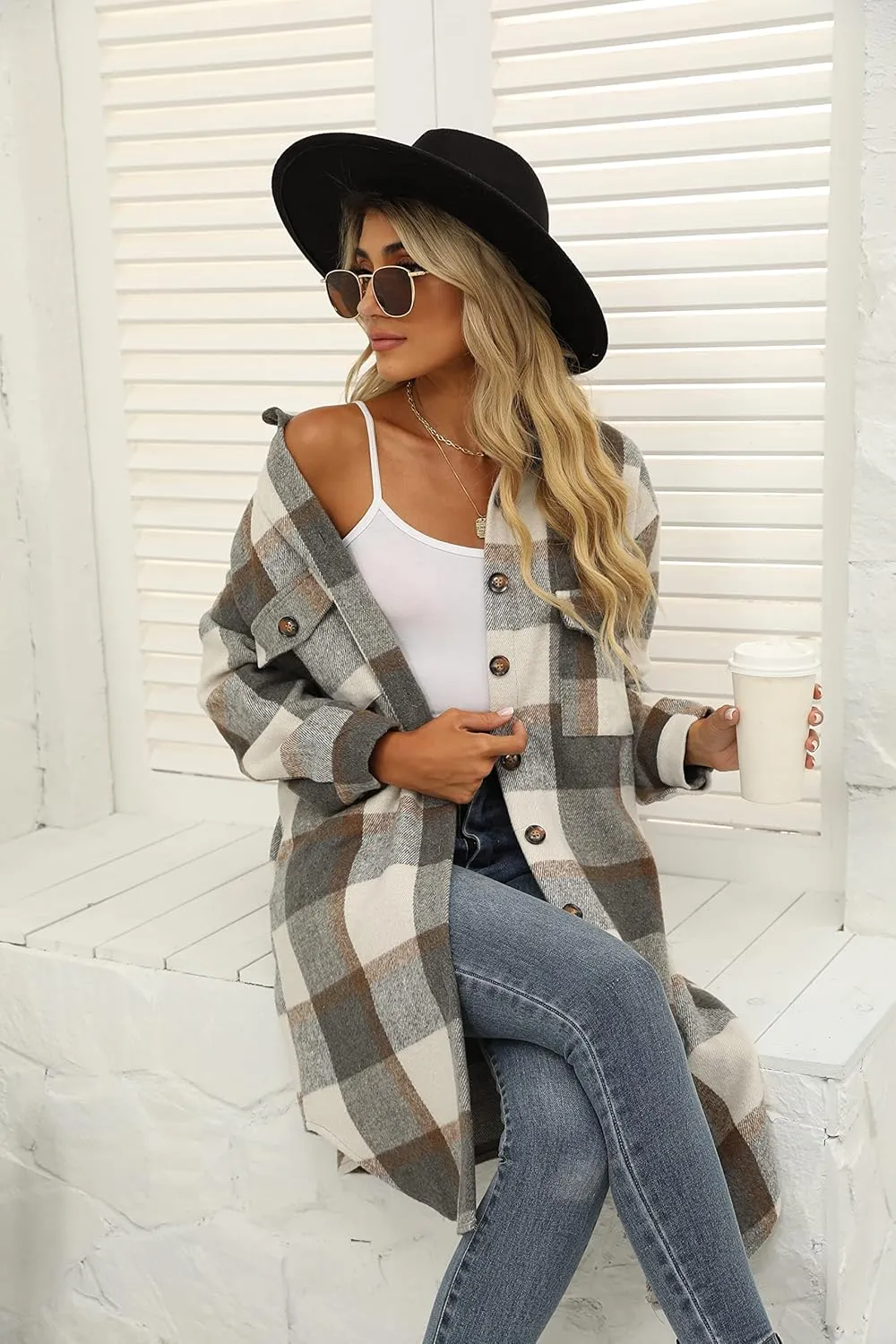 PUWEI Women's Casual Lapel Button Down Long Plaid Shirt Coat Tartan Shacket Jacket