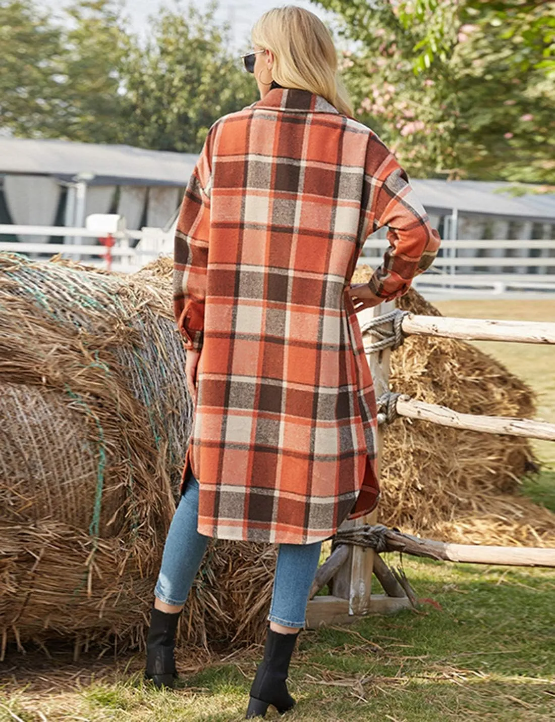 PUWEI Women's Casual Lapel Button Down Long Plaid Shirt Coat Tartan Shacket Jacket