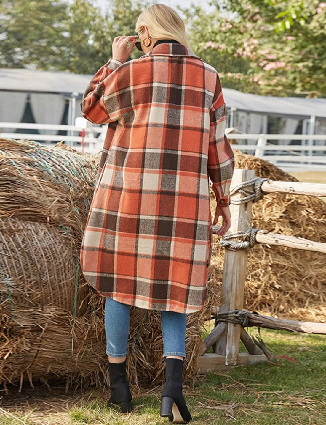 PUWEI Women's Casual Lapel Button Down Long Plaid Shirt Coat Tartan Shacket Jacket