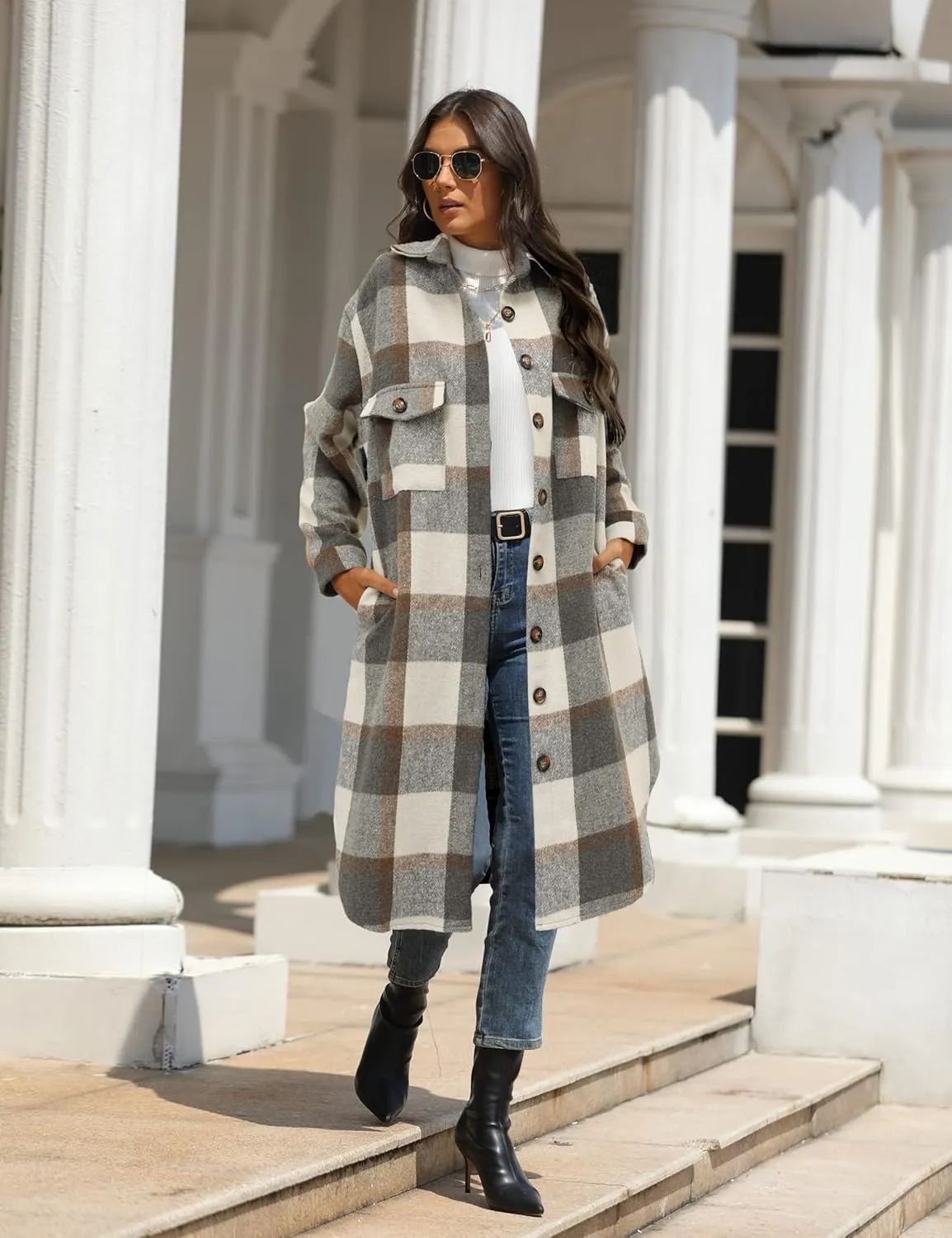 PUWEI Women's Casual Lapel Button Down Long Plaid Shirt Coat Tartan Shacket Jacket